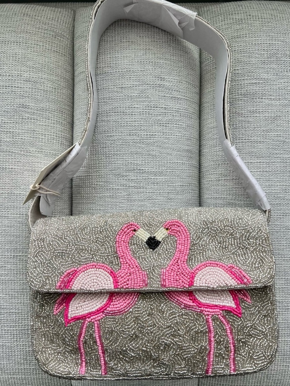 NWT Silver Beaded Shoulder Bag with Pink Flamingo Motif